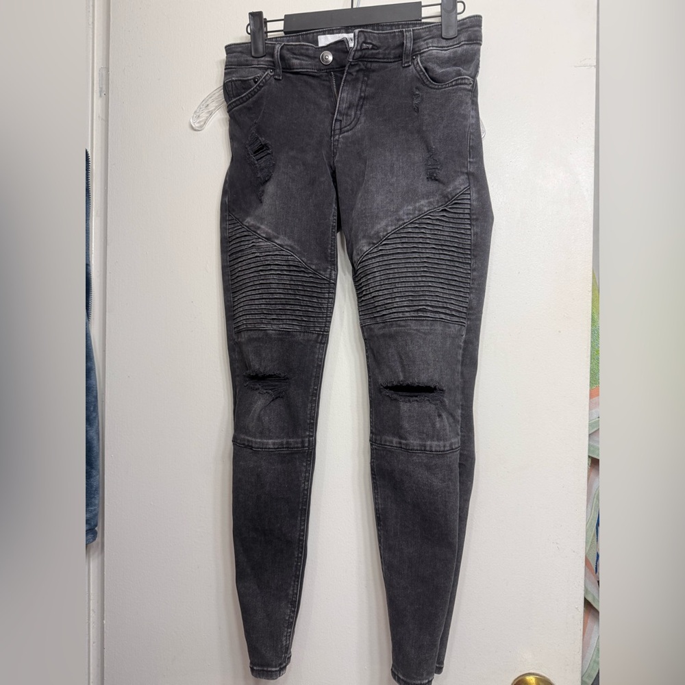 H&M Divided Skinny Fit Moto Jeans Faded Black Distressed Ribbed Knees